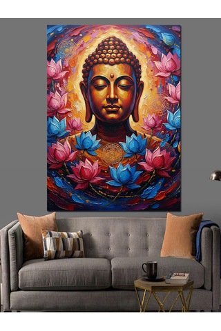 Ahşap Tablo Renkli Lotus Çiçekleri Ve Buda Heykeli Meditasyon Işık