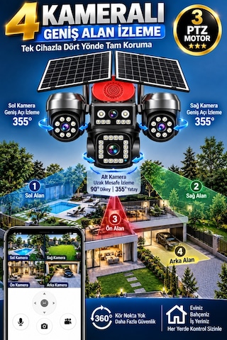 4g Solar Güvenlik Kamerası 4 Kameralı 3 Ptz Çift Solar Panel İnsan Takip Gece Görüş Siren Ip66