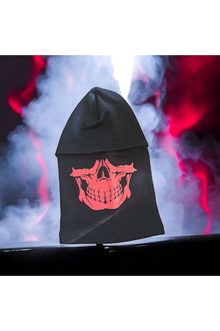 Termal Kırmızı Kurukafa Baskılı Kar Maskesi Siyah Kırmızı