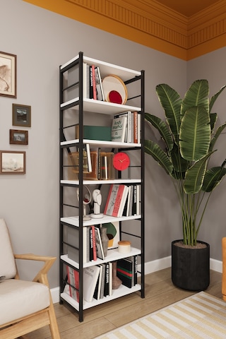 Asra Trend 6 Raflı Metal Kitaplık METALK01 %100 MDF Tek Modül Modern Kütüphane Beyaz