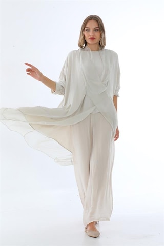 Bohem Stil Italyan Ipek Detaylı Oversize Kap Bluz- Wes Pantolon Takım-8789 Bej