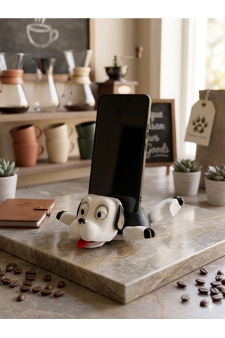 Sevimli Köpek Figürlü 2'si 1 Arada Telefon Standı Ve Bardak Altlığı - 3d Tasarım Beyaz Beyaz - Siyah