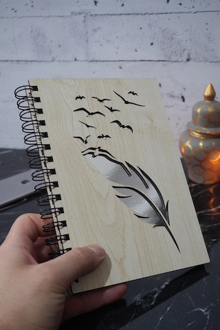 Kuş Tüy Desenli Ahşap Defter - Ajanda - 120 Sayfa Çizgisiz Defter Ahşap Rengi Banu A5 Notebook Gümüş
