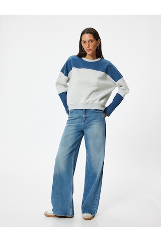 Koton Oversize Sweatshirt Renk Bloklu Bisiklet Yaka Fermuar Detaylı Şardonlu Kar Melanj 5wal10040ık Gri Melanj
