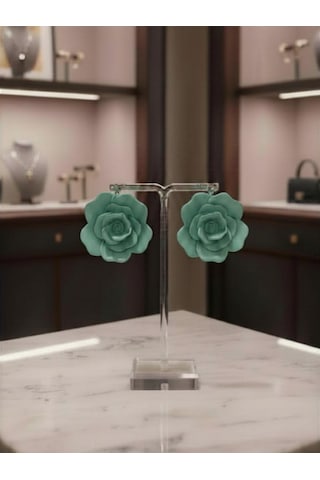 Kadın Küpe Büyük Aqua Yeşil Gül Çiçek Model - 6 Cm Minimalist Halka/çivili Gül Çiçek Küpe