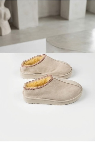 Shoetek Sival Kadın Yarım Bot İçi Kürklü Bej Süet