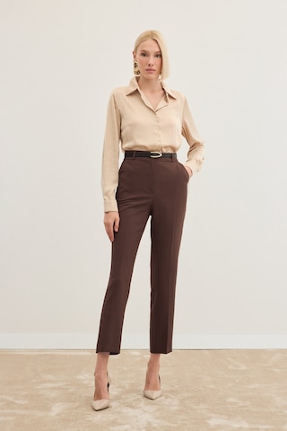 Sateen Kemerli Pantolon - Kahve-136467 Kahve