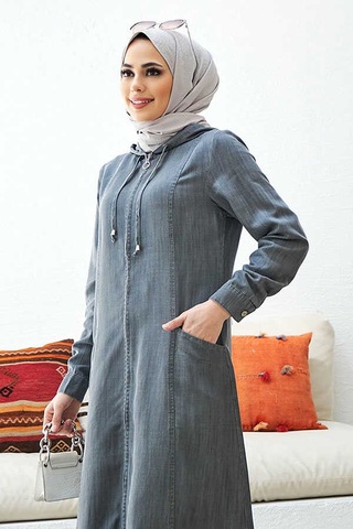 Neways 6463-Kapşonlu Denim Ferace Gri