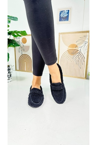 Günlük Kadın Loafer Peluş Astarlı Oval Burunlu Alçak Desenli Tabanlı Ayakkabı 375 Siyah