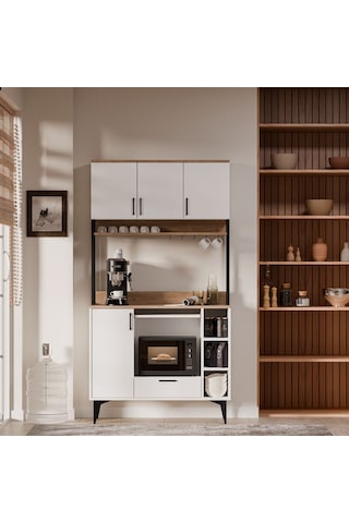 MEZZA 5260 COFFEMATE Kahve Köşesi 105 cm Çok Amaçlı Dolap Kiler Mutfak Dolabı Sepet Beyaz