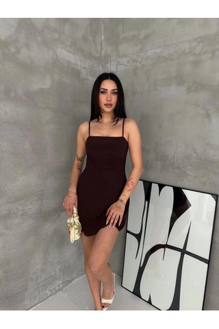 Freedom Store Kadın Askılı Şifon Mini Elbise Drapeli Bel Vücuda Oturan Yazlık Şık - Kahverengi