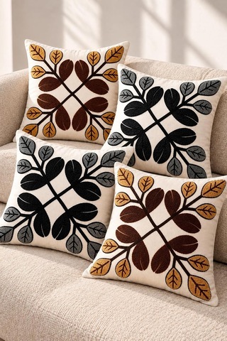 4'lü Set Çiçekli Dekoratif Kırlent Kılıfı 43x43 Cm, 3d Efektli Dijital Baskılı - Monokrom Yapraklar Çok Renkli