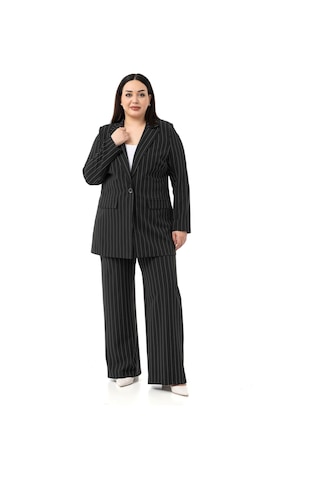 Büyük Beden Çizgili Siyah Ceket Pantolon İkili Takım Siyah