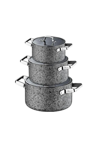 Brioni Stone-age 6 Parça Çizilmez Yanmaz Yapışmaz İndüksiyonlu Midi Tencere Seti 16 Cm,18 Cm, 20 Cm Sh-110102 Gri