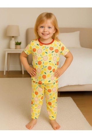 Kız Çocuk Pamuklu Meyve Desenli Kısa Kol Pijama Takımı-16027 Sarı
