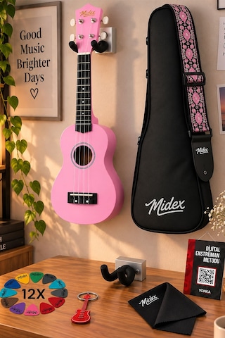 Midex UKX-901PK Pembe Soprano Ukulele (Askı Çanta Metod Pena)