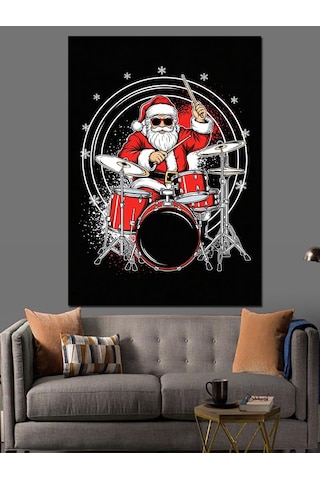 Ahşap Tablo Bateri Çalan Neşeli Noel Baba