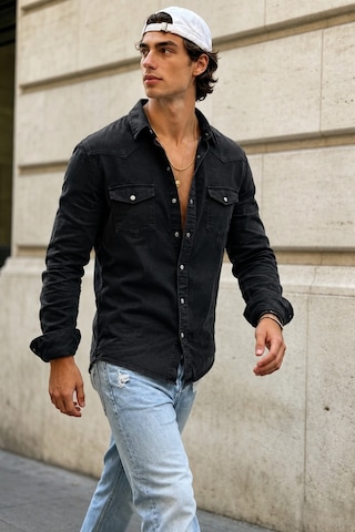 Erkek Slim Fit Siyah Kot Gömlek Çıtçıt Düğmeli Uzun Kollu Denim Gömlek