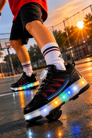 Muggo Sky Çocuk Işıklı Patenli Tekerlekli Sneaker Spor Ayakkabı Siyah - Kırmızı