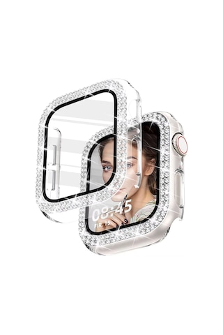 Forzacase Apple Watch 49mm İle Uyumlu Elmas Taşlı Ekran Koruyuculu Plastik Kılıf Şeffaf - Fc1010