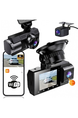 4k 2.5" Ekran Wifili 3 Kameralı Araç Kamerası Geri Görüş Kameralı Gece Görüşlü Araç İçi Kamera Güvenlik Kayıt Cihazı