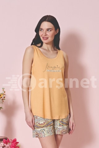 Over Sleep By Poleren Kadın Şortlu Pijama Takımı Kolsuz & Sıfır Kol Pamuklu Penye Turuncu
