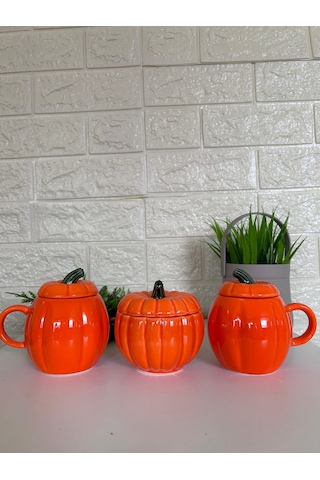 2 Balkabağı Kapaklı Kupa 1 Balkabağı Şekerlik 3'lü Set Balkabağı Seti