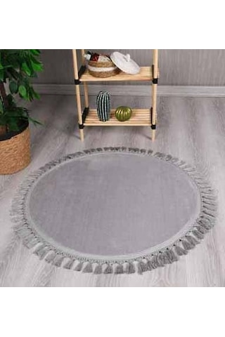 Modern Dekoratif Yuvarlak Puffy Peluş Ponpon Saçaklı Salon Oturma Odası Halısı Gri