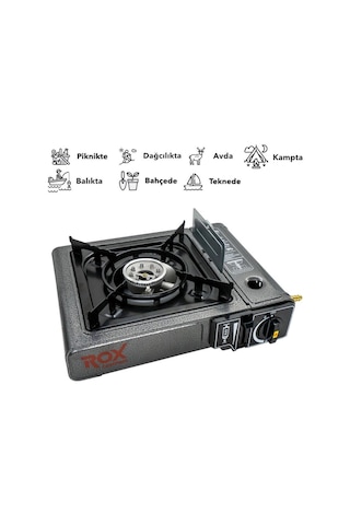 Rox Camping 0103 Tekli Portatif Kamp Ocak Rüzgarlıklı Ekstra Gaz Girişli - 3 Adet Rox Valfli Kamp Gazı Kartuş 227gr Hediyeli Antrasit