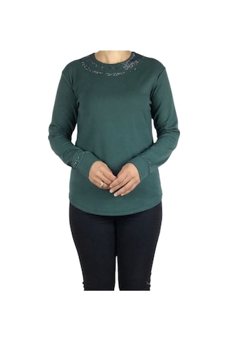 Kadın Yakası Ve Kolları Taşlı Spor Bluz Mint Yeşili