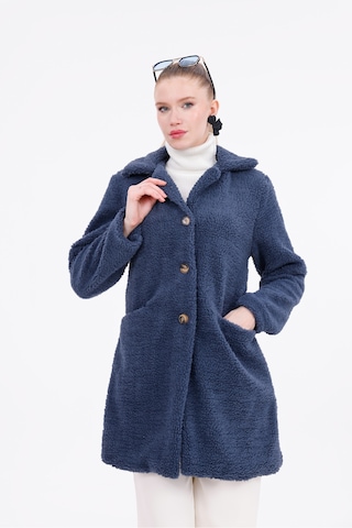 Düğmeli Cepli Kadın Peluş Kaban İndigo