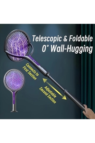 Boatshop1 2 İn 1 Elektrikli Sivrisinek Racket Yükseltilmiş Versiyon Teleskopik Çubuk 180 Derece Döner Baş Şarj Edilebilir 1200mah