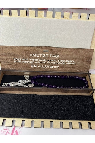 Doğal Taş Tesbih Mor Ametist Özel Ahşap Kutusunda