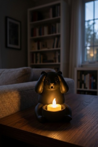 Dekoratif Tealight Mum Hediyeli Ayı Panda Tasarım Vegan Siyah