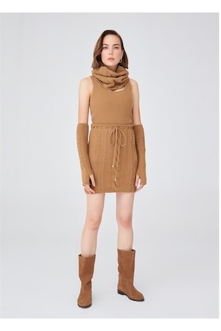 Peraluna Saç Örgü Desenli Kadın Triko Etek Camel