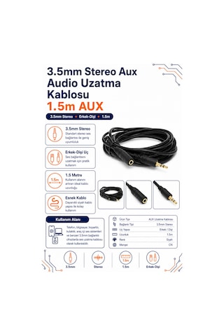 3.5mm Stereo Aux Audio Erkek - Dişi Uzatma Kablosu 1.5m