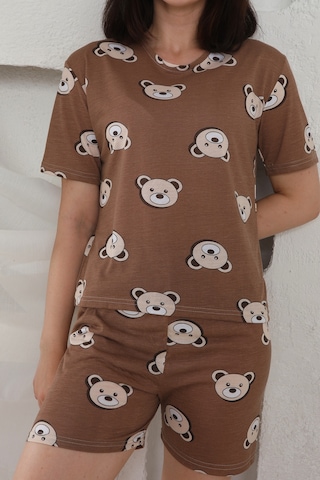 Fames Pijama Yazlık Desenli Loose Crop Şortlu Pijama Takım Kahverengi