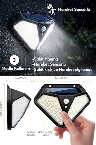 Technosmart 102 Led Solar Duvar Lambası 2 Li Set Hareket Sensörlü, 3 Modlu Ip65 Dış Mekan Aydınlatma