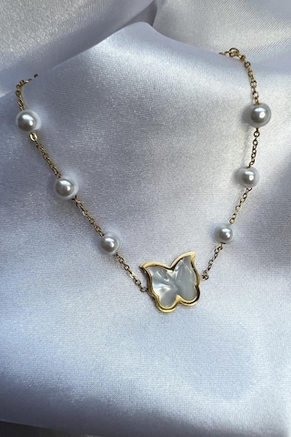 Altın Renk Kaplama İnci Taşlı Sedefli Kelebek Detaylı Kadın Çelik Bileklik - Altın