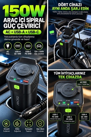 Kargo 150w Araç İçi Şarj Adaptörü 12v 220v Çakmaklık Girişli 30w Type-c 18w Usb Hızlı Şarj Najmaddin
