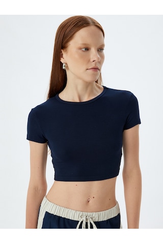 Koton Basic Crop Tişört Viskon Kumaş Kısa Kollu Bisiklet Yaka Slim Fit Lacivert 5wak50043ek Lacivert