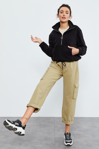 Tommy Life Siyah Yarım Fermuar Etek Ucu Büzgülü Kadın Polar Oversize Sweatshirt - 97171 Siyah