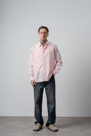 Respire Erkek Res Nakışlı Uzun Kollu Keten Oversize Gömlek Pembe