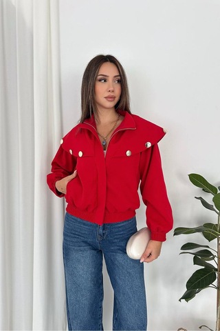 Neşeli Butik Kadın Kırmızı Metal Düğme Detaylı Fermuarlı Kısa Bomber Ceket Nbk5041