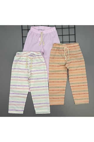 Poppy Trend Kız Çocuk Desenli 3 Lü Paket Gündelik Rahat Pantolon Seti 2-7 Yaş Ekru-somon-a.pembe