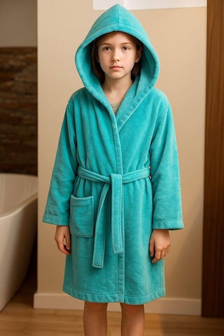 Genç Kız / Erkek Çocuk Kapşonlu Garson Boy Kadife Bornoz %100 Pamuklu Turkuaz