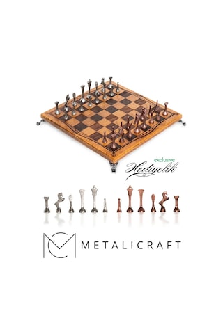 Mc55 Metal Satranç Takımı Gerçek Kayın Ağacı Satranç Tahtası - 30x30cm Antik Taşlar