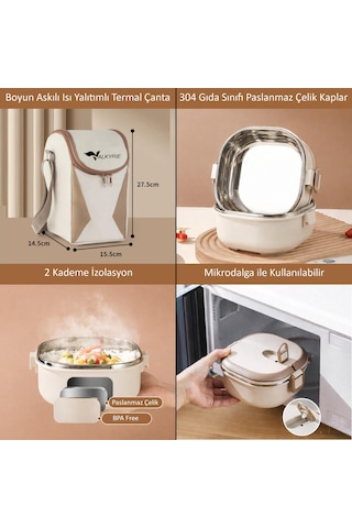 Valkyrie 3 Katlı Yemek Kabı 2100 Ml Termal Çantalı Lunch Box, 304 Paslanmaz Çelik, Bpa İçermez Krem