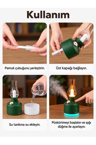 Alfagift Şarjlı Nostaljik Gaz Lambası Hava Nemlendirici Ve Buhar Makinesi- Dekoratif Masa Ve Gece Lambası Yeşil