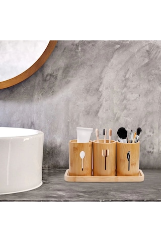 Qerhome 3'lü Dekoratif Bambu Tezgah Üstü Lüks Kaşıklık - Organizer Bambu